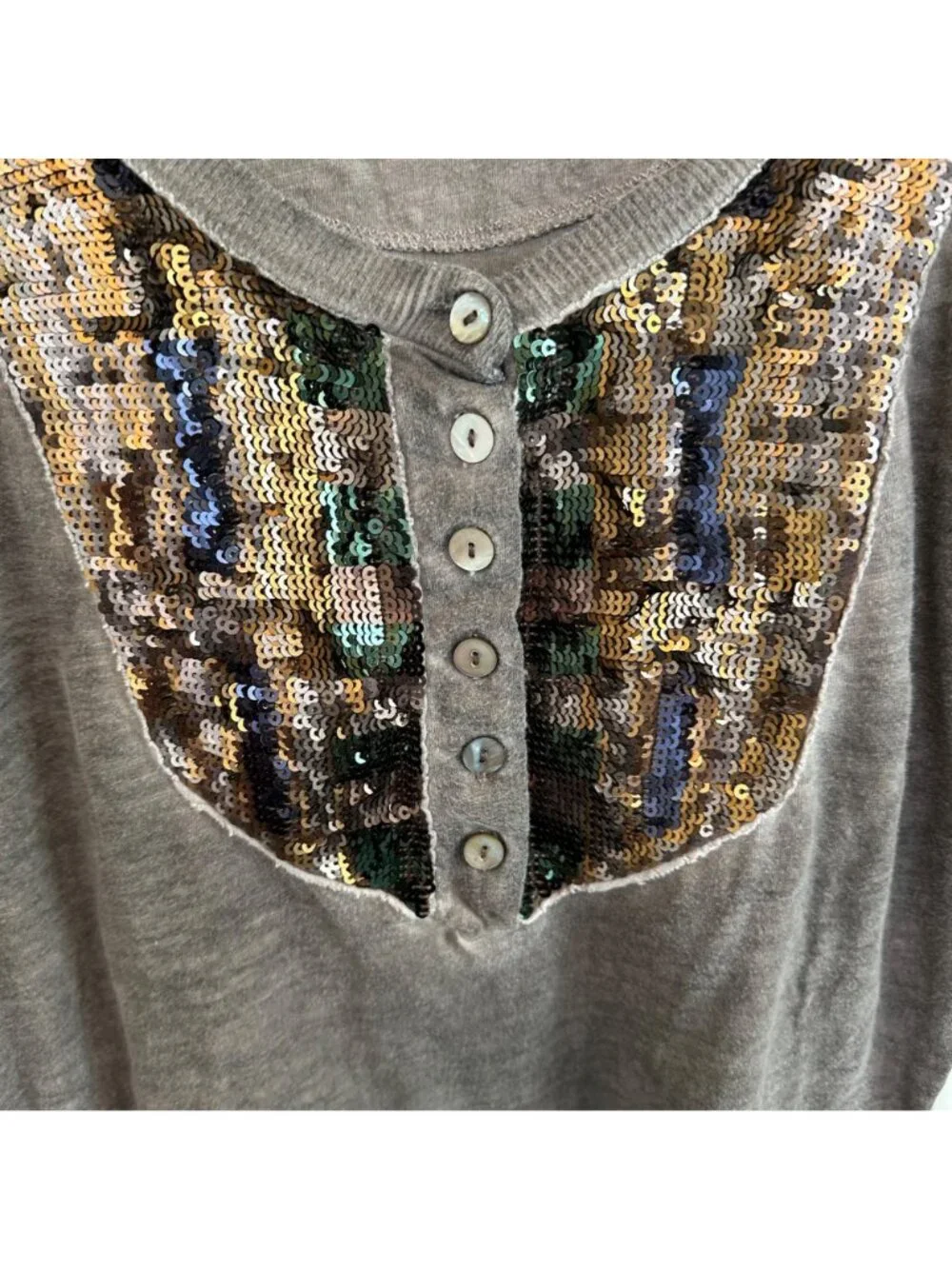 Free People Gray Long Sleeve Sequin Button-Down Womens Top